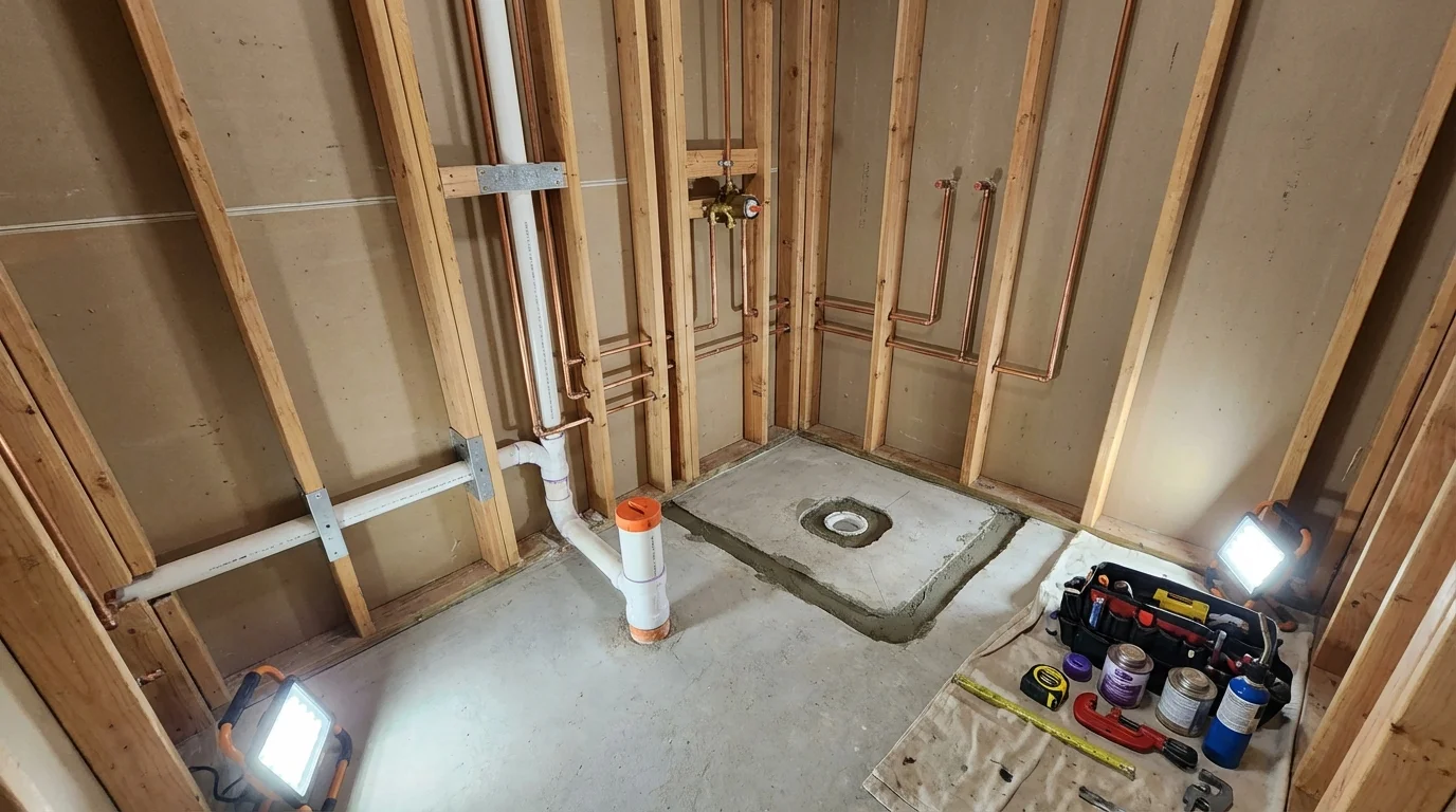 Bathroom rough-in plumbing during remodel by Johns Plumbing LLC in Webster Springs