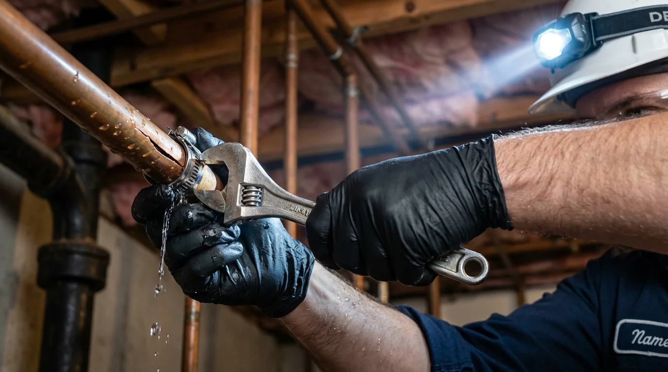 Emergency pipe clamp repair being performed by a Johns Plumbing LLC plumber in Webster Springs