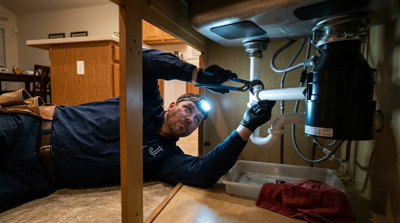 P-trap and supply line connections under a kitchen sink showing a common leak point in Webster Springs, WV